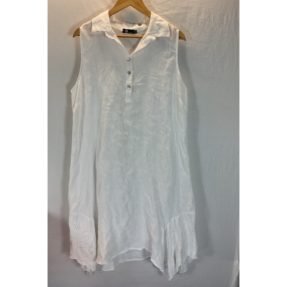 Made In Italy 100% Linen collared shirt maxi midi Dress Sleeveless Beach‎ Size M